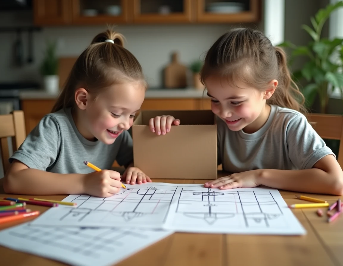 Deux enfants jouant à la bataille navale maison avec des grilles dessinées sur papier à une table en bois