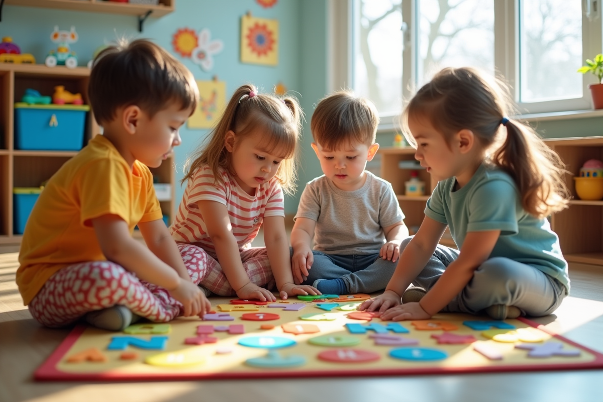 Groupe d'enfants autour d'un tapis alphabet en classe