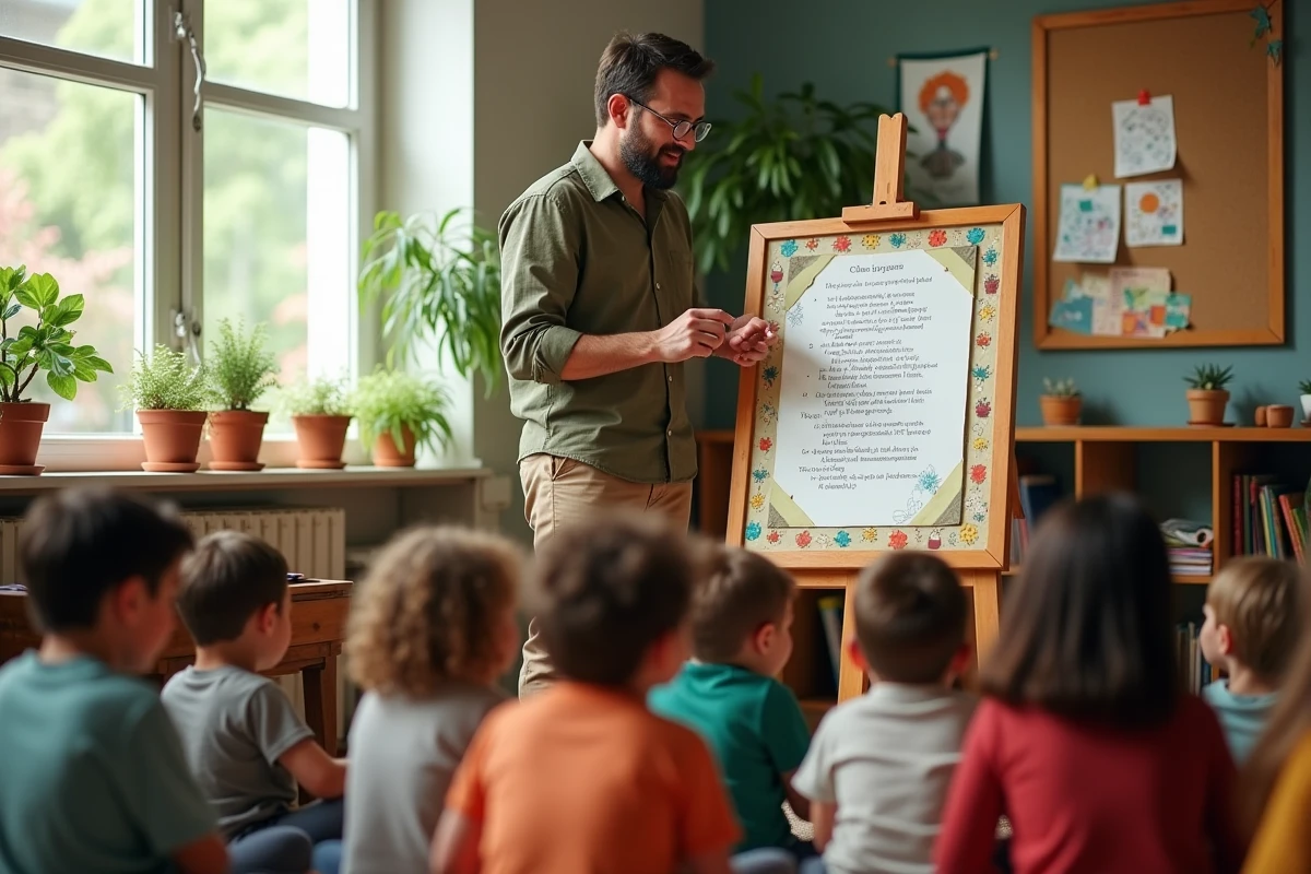 Enseignant de CE1 présentant un poème illustré à ses élèves lors d'un rituel hebdomadaire