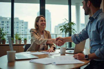 Deux professionnels se serrant la main dans un bureau moderne