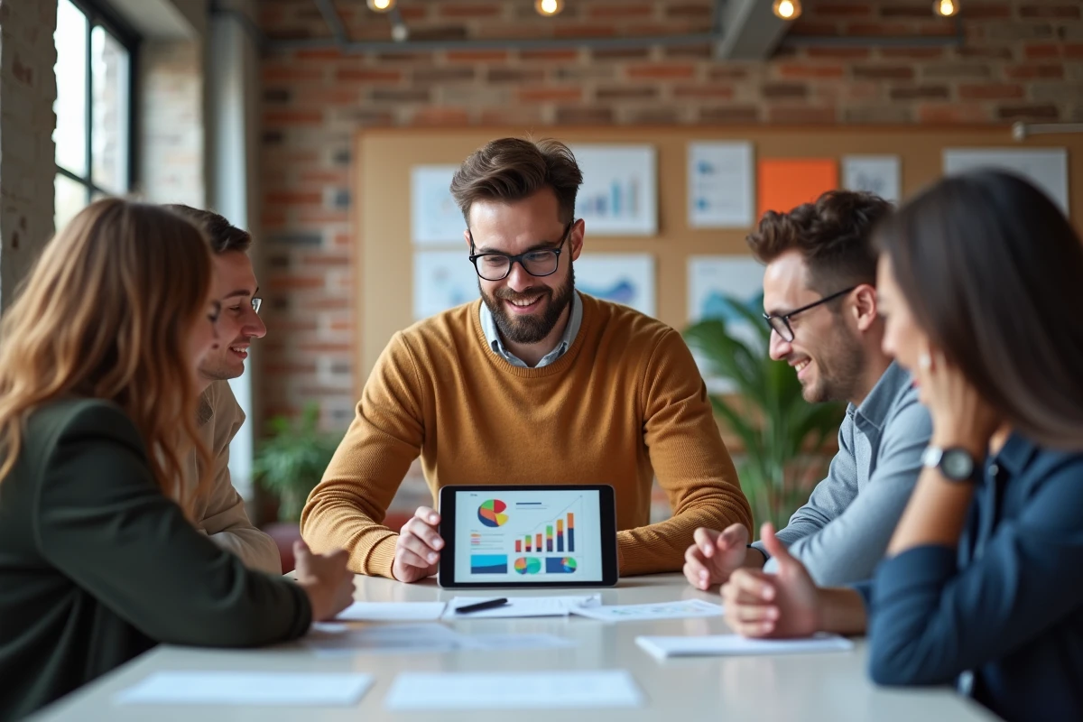 Jeune homme en sweater tan discutant avec equipe diverse