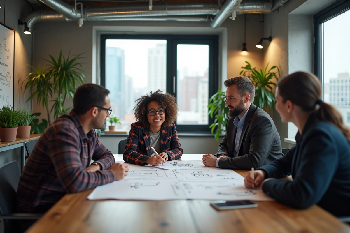 Équipe de professionnels réagissant à une idée disruptive lors d'un atelier créatif dans un bureau de startup, symbole d'innovation en réunion
