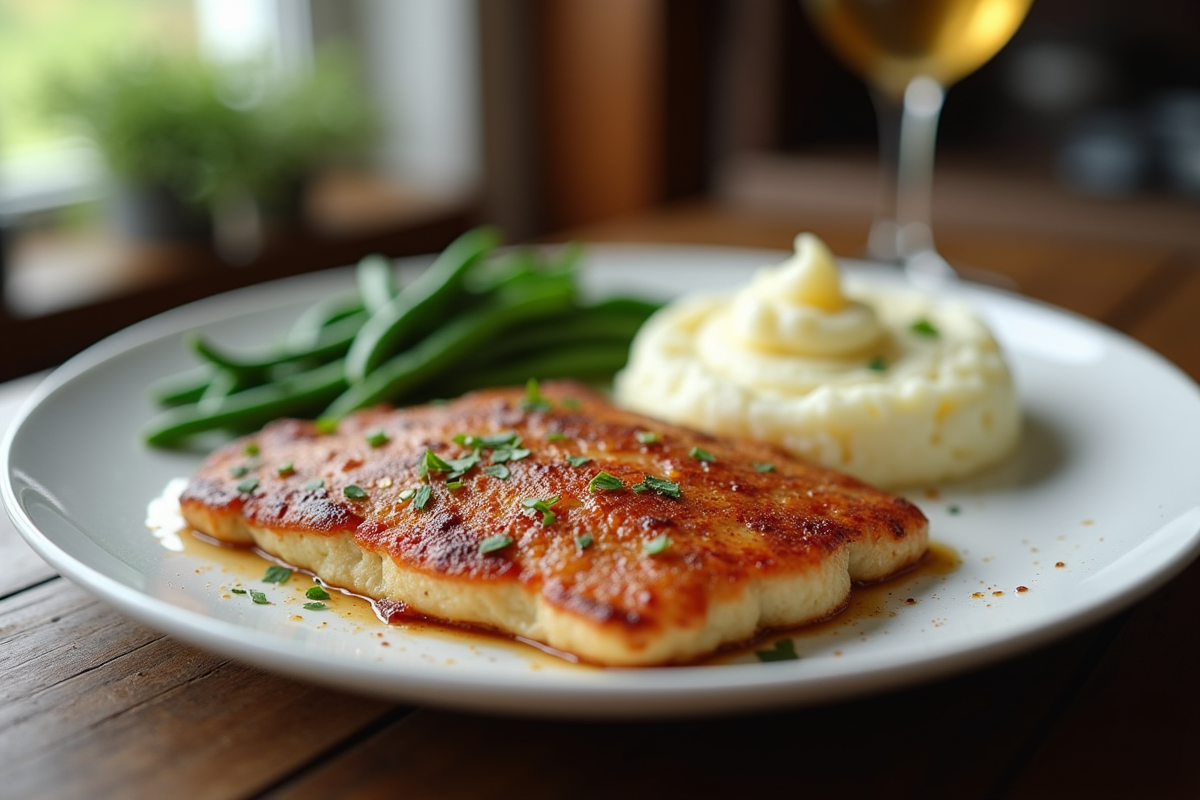 Escalope milanese avec purée et haricots verts