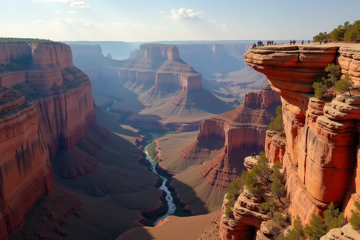 Vue panoramique du Grand Canyon aux États-Unis avec ses formations rocheuses rouges et orangées s'étendant à l'horizon
