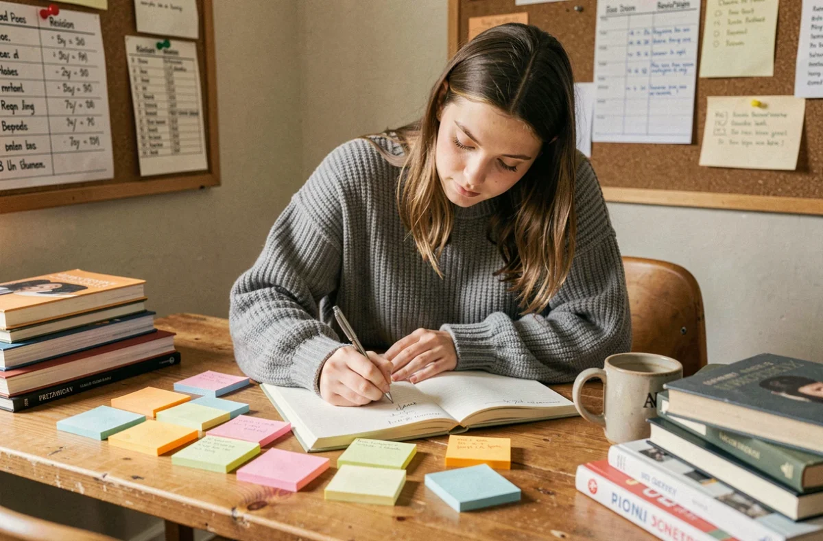 Étudiante révisant ses cours avec des fiches colorées et un planning sur un bureau en bois en chambre universitaire
