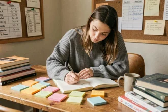 Étudiante révisant ses cours avec des fiches colorées et un planning sur un bureau en bois en chambre universitaire
