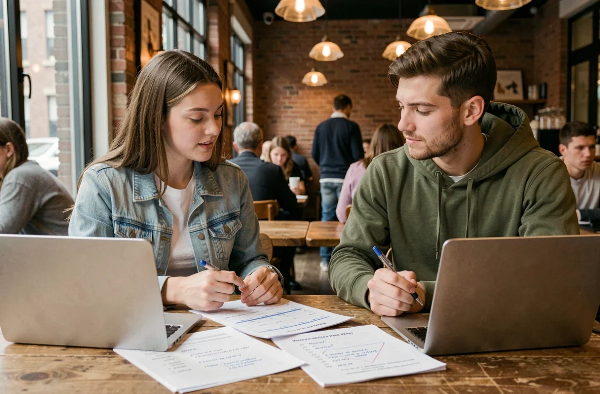 Deux étudiants qui planifient leurs semaines de révision avant un examen dans un café avec un calendrier imprimé