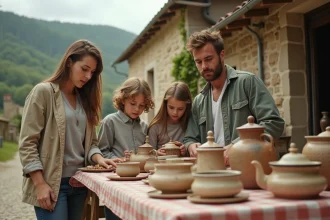 Famille en promenade à une brocante en plein air dans un village du Cantal, examinant des objets vintage sur des tables en bois