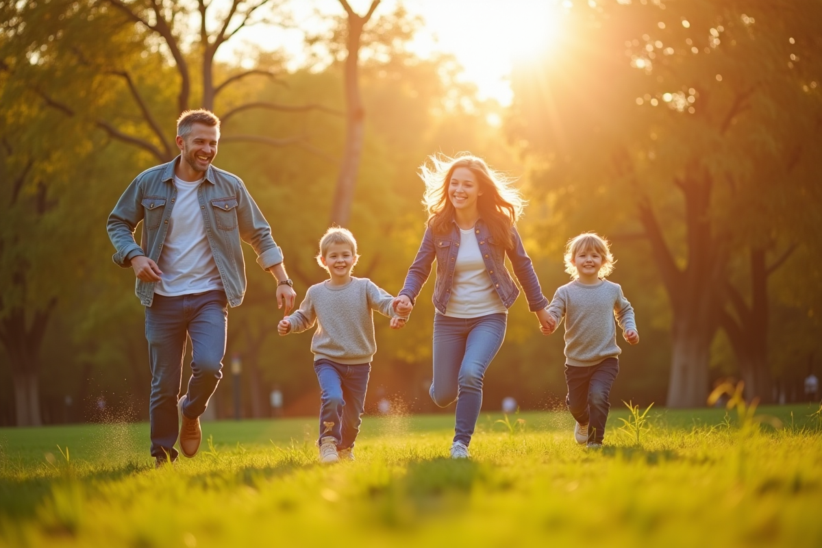 Famille jouant dans un parc ensoleille avec sourires