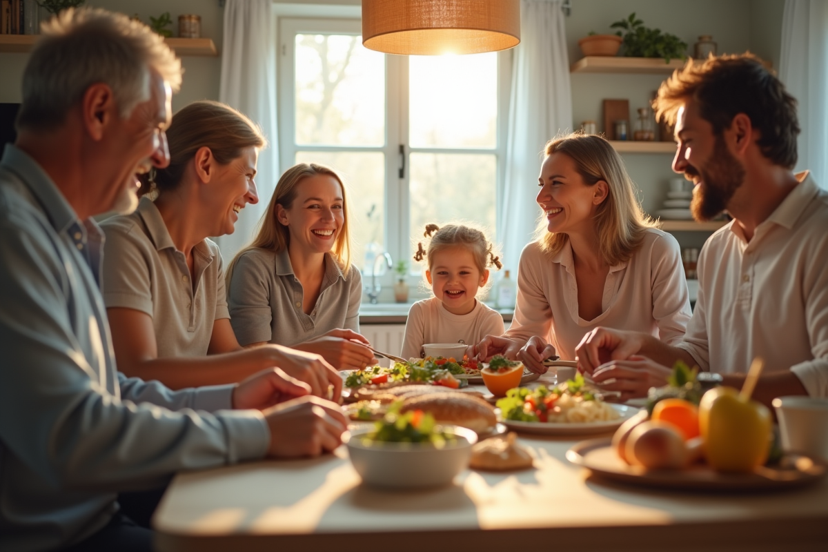 Famille multigenerational partageant un repas convivial