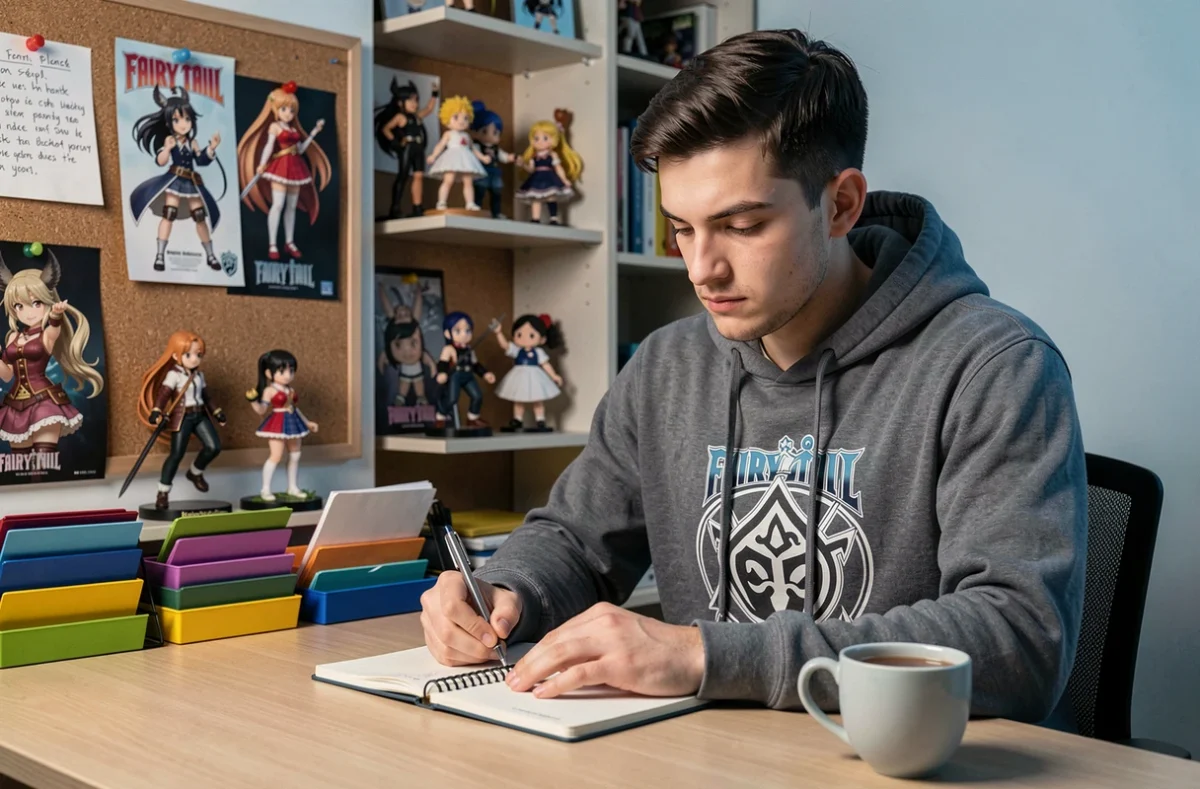 Jeune homme fan de Fairy Tail prenant des notes sur les épisodes incontournables de la série dans un bureau décoré de figurines et d'affiches officielles
