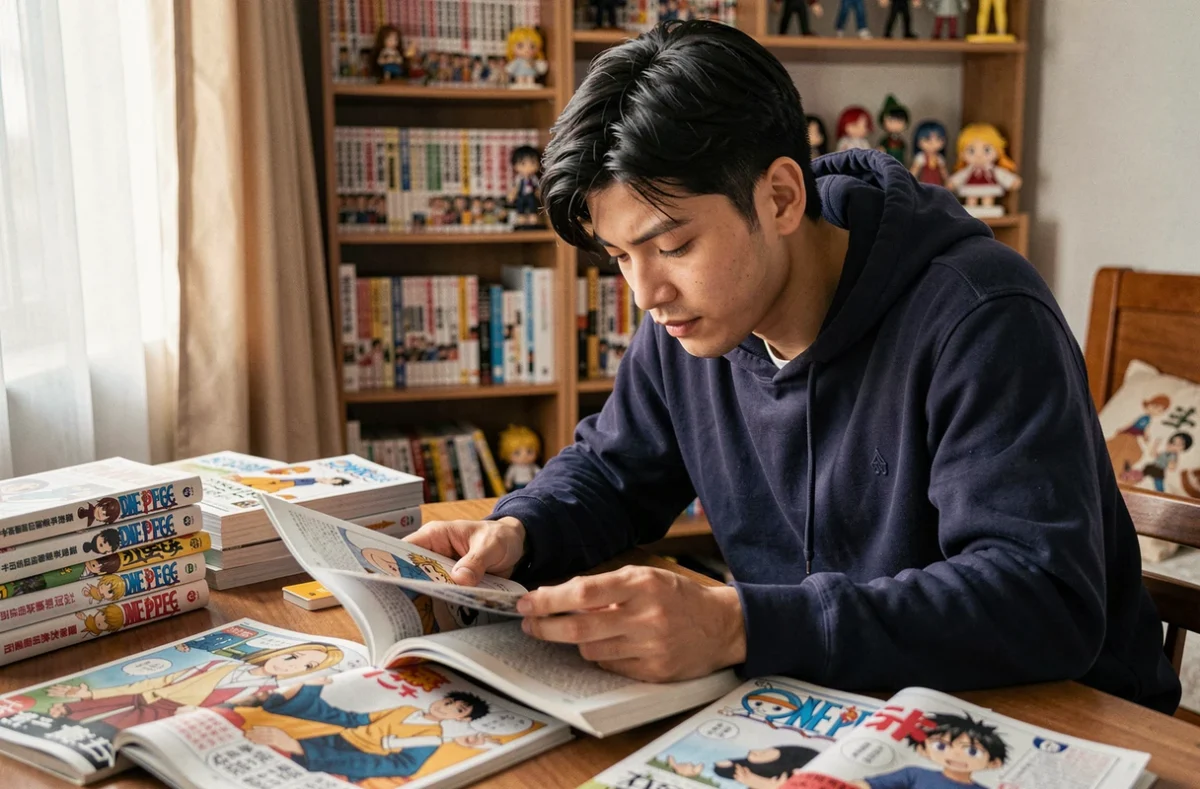Fan de manga lisant le chapitre One Piece 1139 sur son bureau entouré de volumes de la série