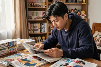 Fan de manga lisant le chapitre One Piece 1139 sur son bureau entouré de volumes de la série