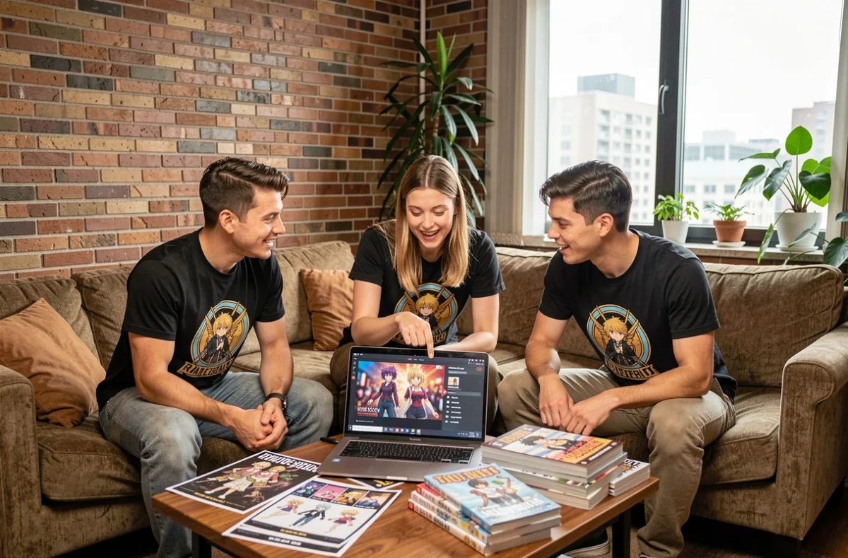 Groupe d'amis fans de Fairy Tail discutant des épisodes clés de la série autour d'un guide imprimé et d'un ordinateur portable dans un appartement moderne