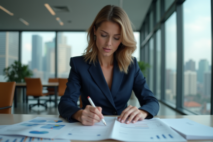 Femme d'affaires en costume bleu examine des rapports financiers