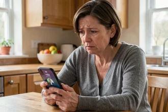 Femme inquiète regardant un appel entrant avec indicatif international +44 sur son smartphone dans une cuisine