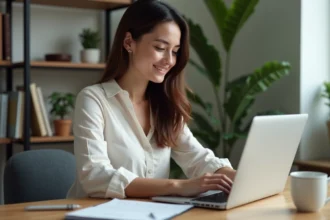 Jeune femme au bureau avec ordinateur portable