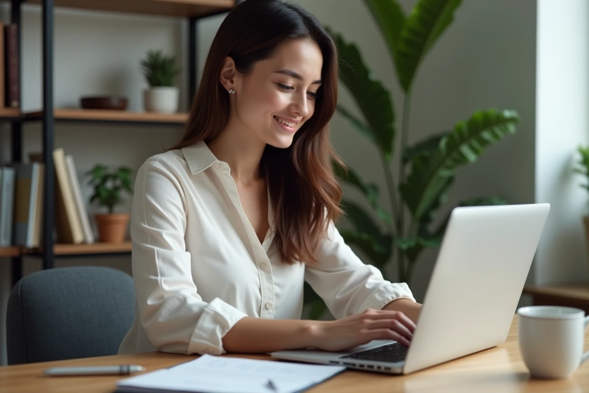 Jeune femme au bureau avec ordinateur portable