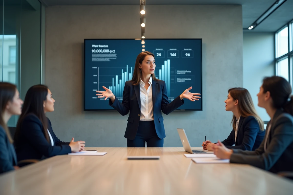 Femme cadre présentant une idée innovante lors d'une réunion d'entreprise, illustrant le concept de disrupteur en réunion