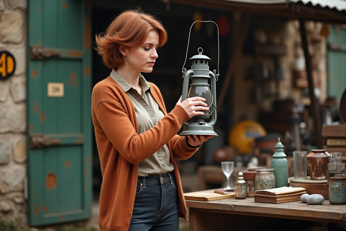Femme inspectant une lampe à huile ancienne sur un stand de brocante dans le Cantal, entourée d'objets de collection