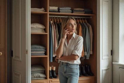 Femme en sélection de vêtements dans une chambre moderne