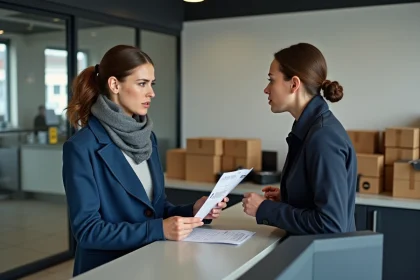 Femme avec reçu au poste de colis, scène moderne