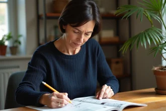 Femme méditative faisant une grille de mots croises