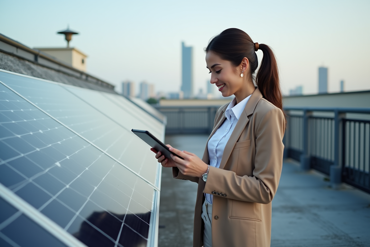 Jeune femme utilisant une tablette près de panneaux solaires en ville