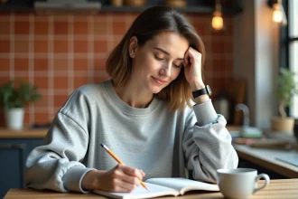 Femme écrivant des astuces de conversion miles en kilomètres dans un carnet sur une table en bois