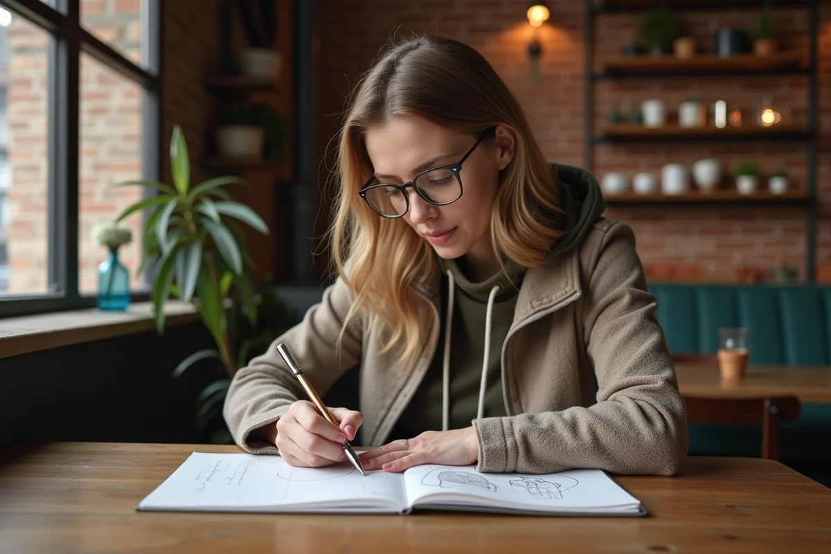 Femme dessinant dans un café industriel à SaintÉtienne