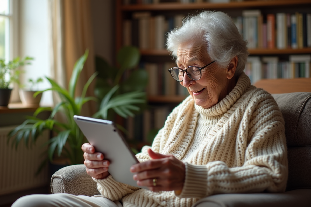 Femme âgée explorant une tablette à la maison