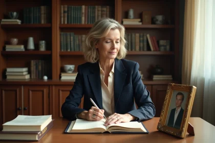 Femme élégante assise à un bureau en bois, feuilletant une biographie personnelle entourée de livres et de notes manuscrites