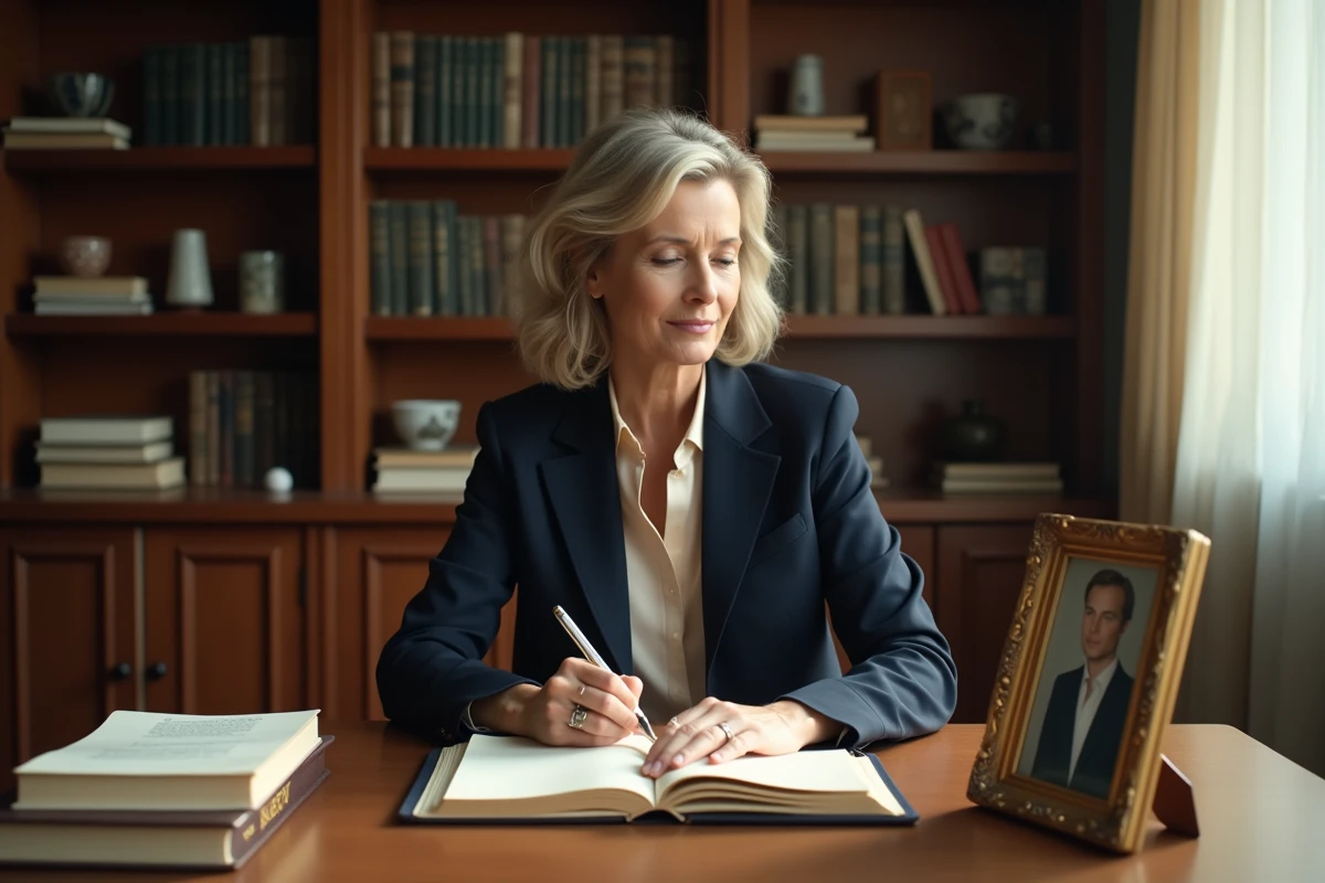 Femme élégante assise à un bureau en bois, feuilletant une biographie personnelle entourée de livres et de notes manuscrites