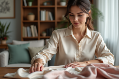 Femme élégante caressant des tissus de luxe en intérieur