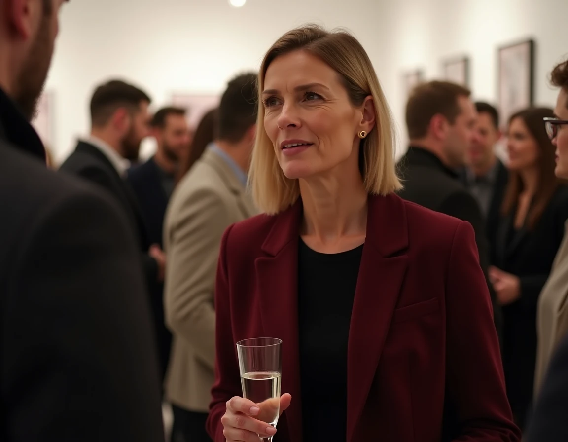 Femme élégante et confiante lors d'un vernissage parisien, entourée d'une atmosphère sociale raffinée