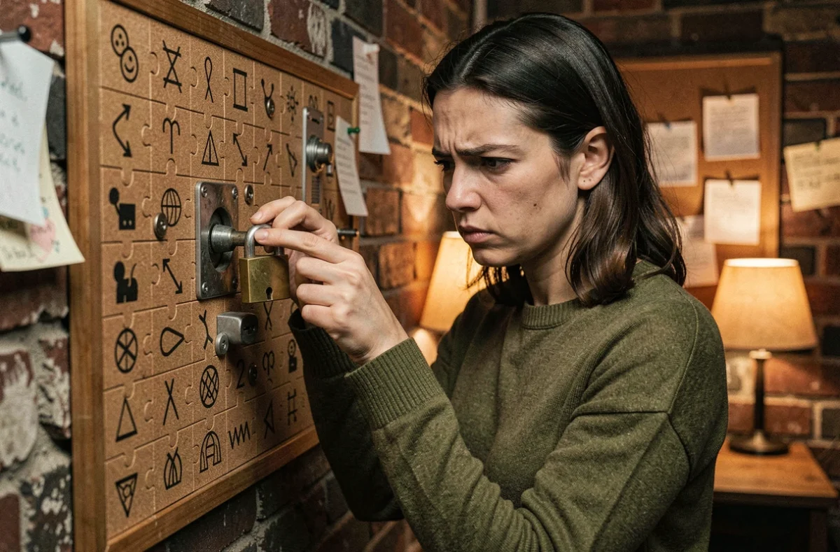 Femme concentrée dans une salle d'escape game examinant un cadenas devant un mur de codes et d'énigmes