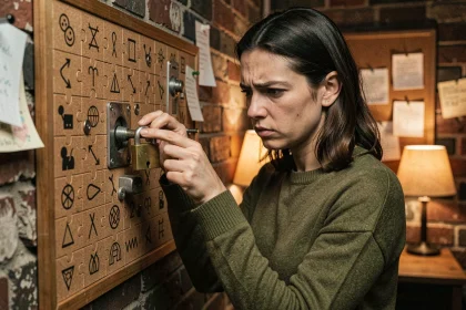 Femme concentrée dans une salle d'escape game examinant un cadenas devant un mur de codes et d'énigmes