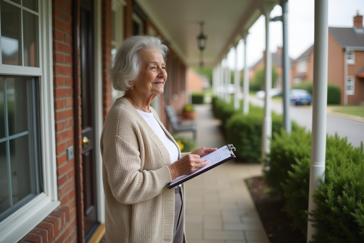 Femme âgée regardant la façade de sa maison