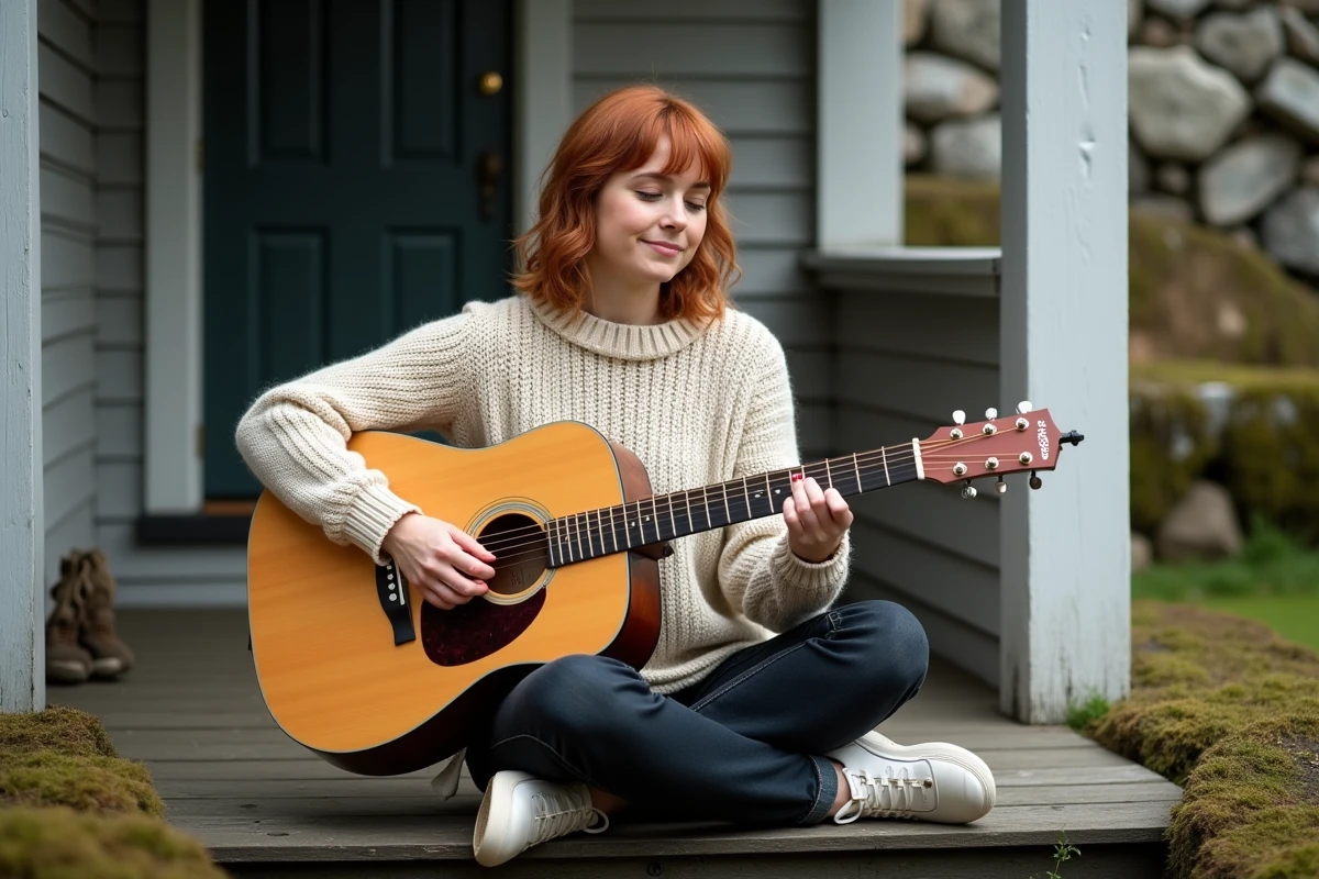 Femme jouant de la guitare acoustique sur des marches en bois devant un cottage rustique, plein cadre