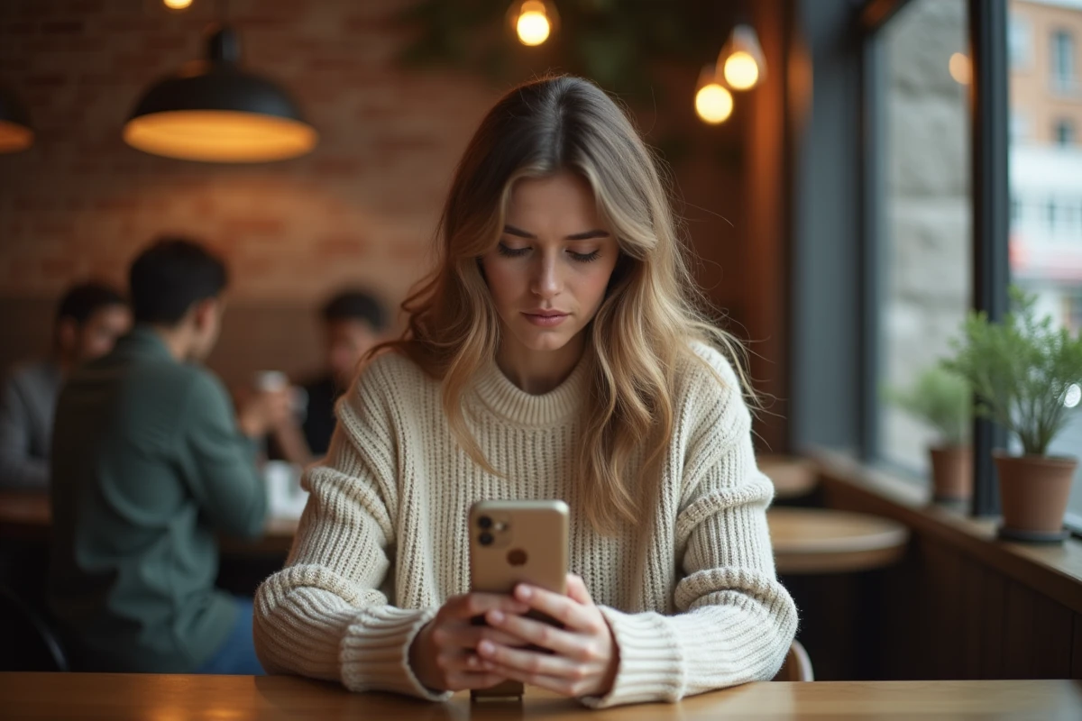 Femme songeuse regardant l'heure 10h10 sur son téléphone dans un café, évoquant la signification de la flamme jumelle pendant la séparation