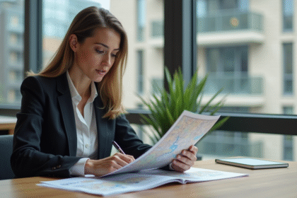 Femme d'affaires examinant des brochures immobilières en intérieur