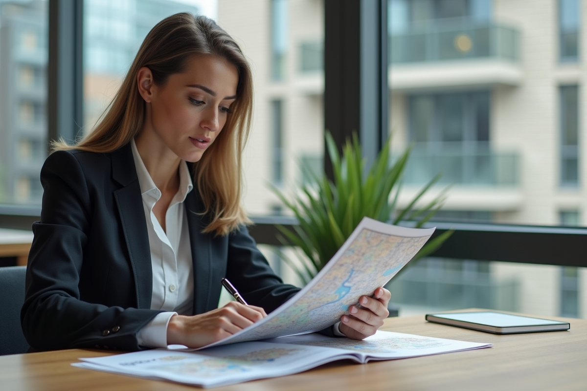Femme d'affaires examinant des brochures immobilières en intérieur