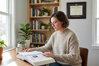 Femme lisant un livre de psychologie dans un bureau moderne