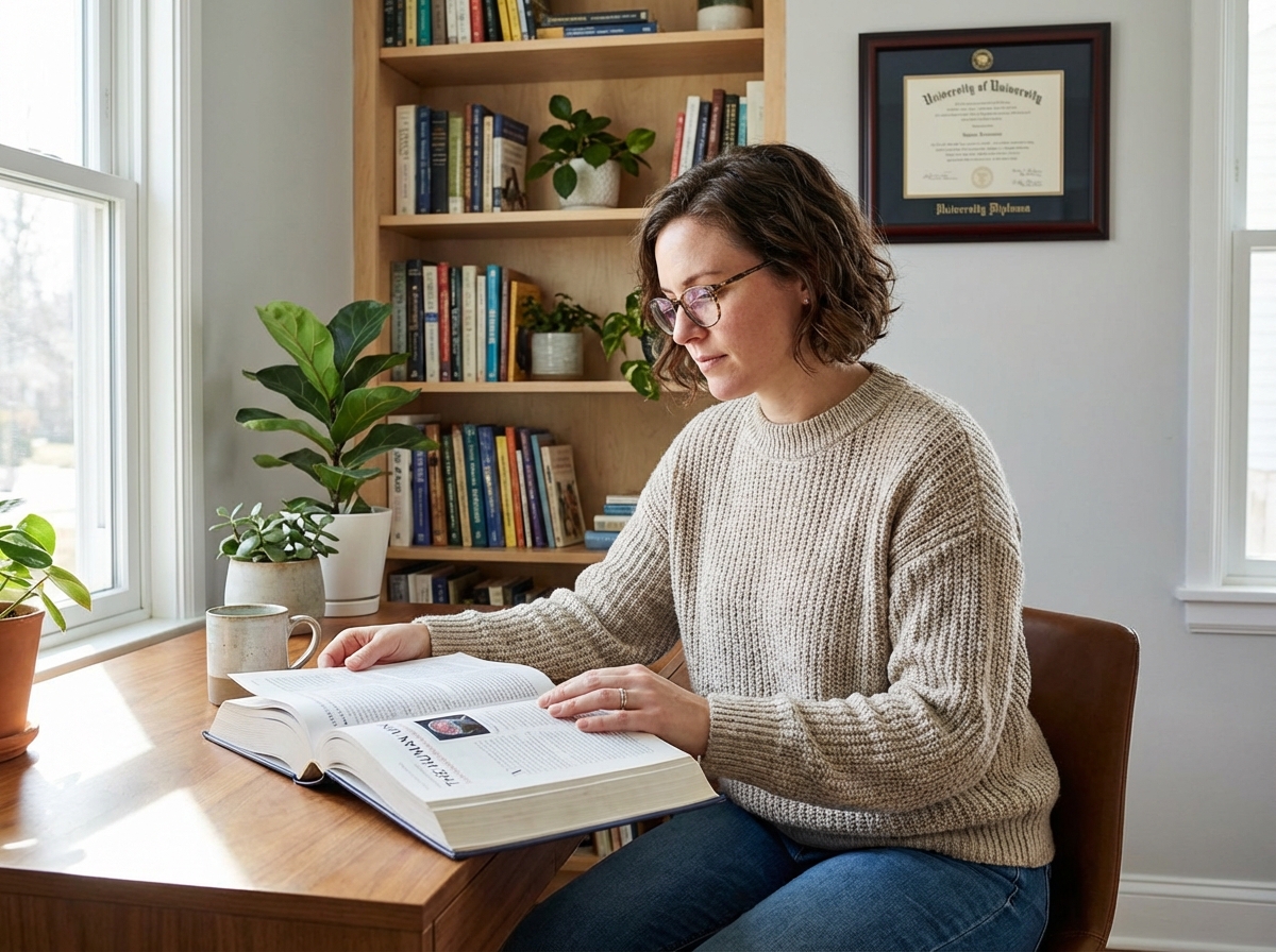 Femme lisant un livre de psychologie dans un bureau moderne