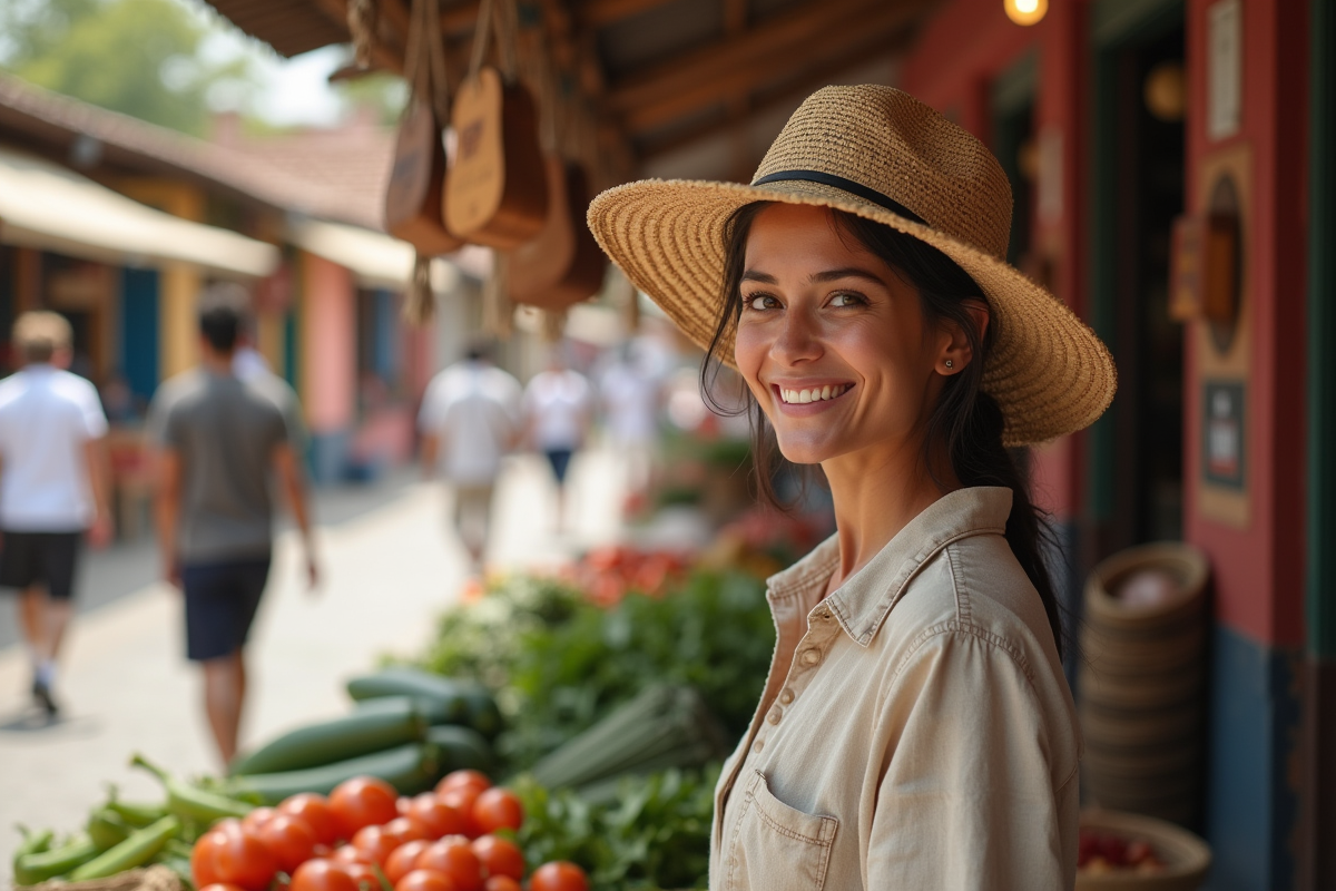 Femme souriante dans un marché local coloré