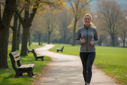 Femme d'âge moyen marche dans un parc verdoyant en tenue sportive