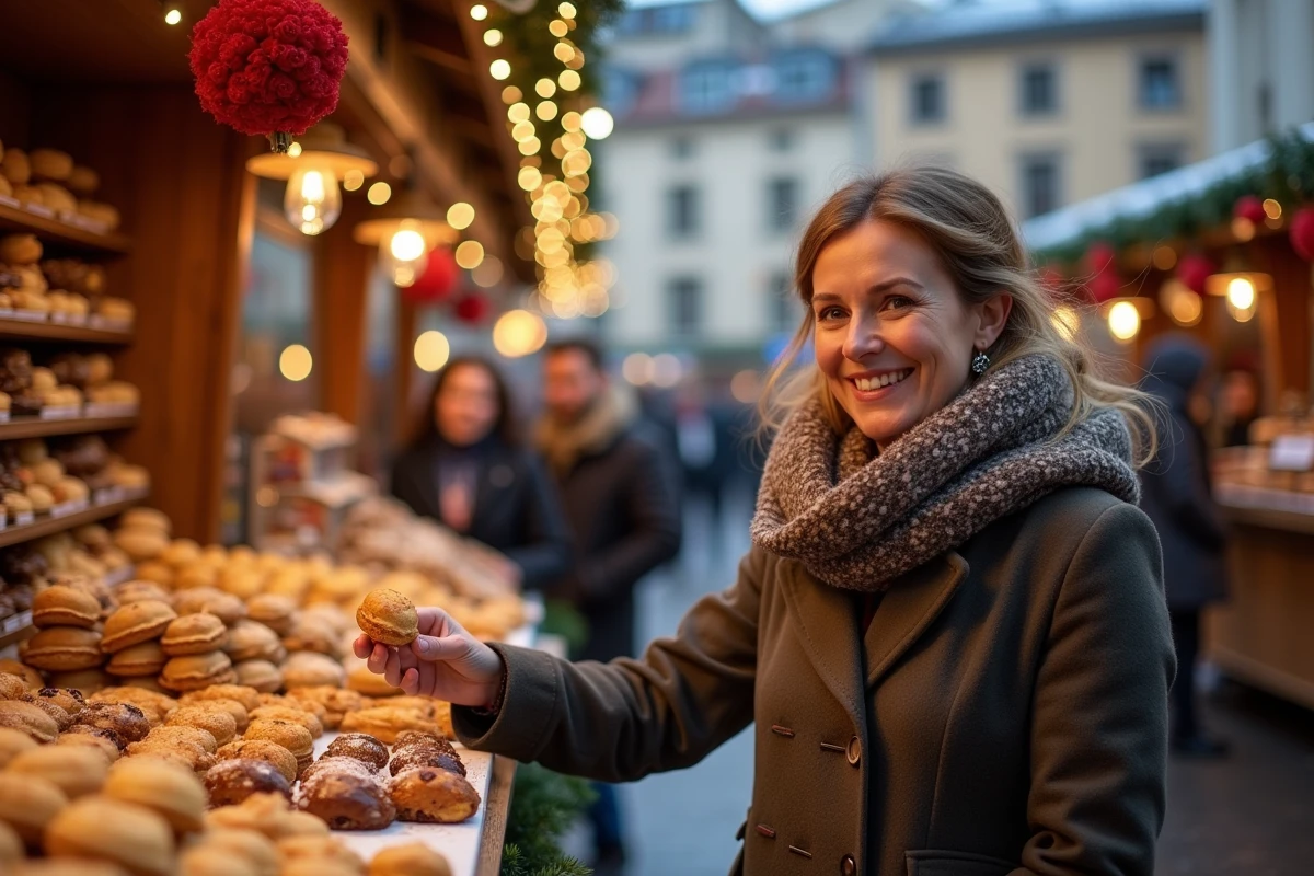 Femme souriante choisissant une praline au marché de Noël de Lyon