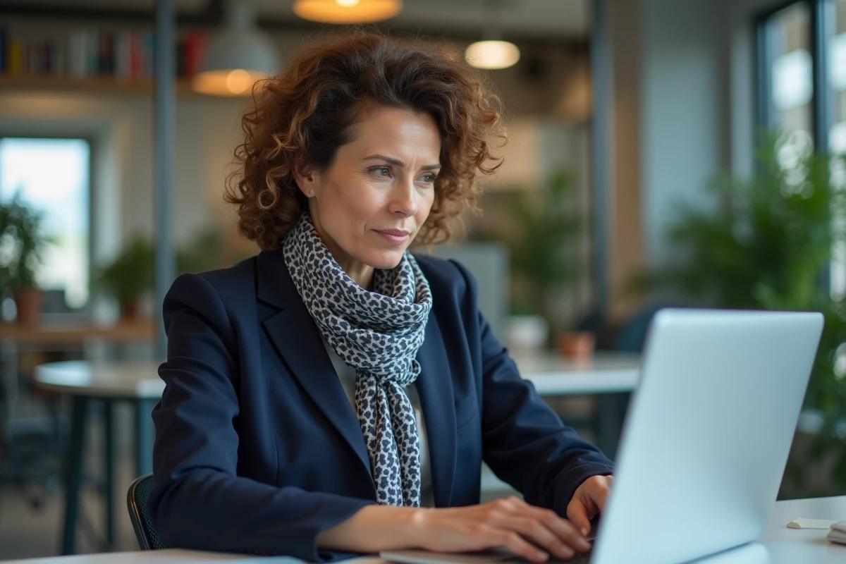 Femme d age moyen en blazer bleu et foulard en pleine réflexion