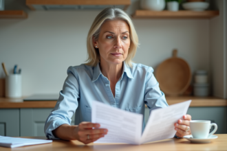 Femme d'âge moyen lit des livrets de médicaments à la maison
