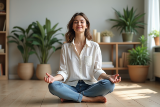 Femme méditant paisiblement dans un salon minimaliste